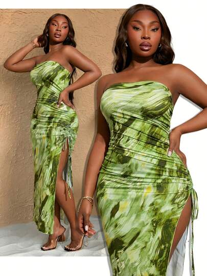 SHEIN SXY Đầm ống dáng dài xẻ tà, dây rút, nhuộm tie-dye dành cho nữ cỡ lớn mùa xuân/hè.