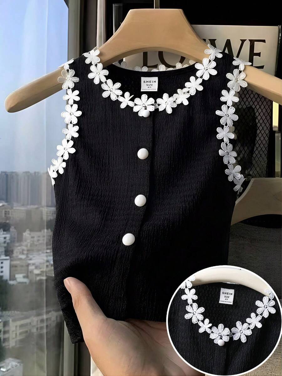 SHEIN 少女黑色針織素色拼接花卉緞帶休閒上衣,少女夏季家庭穿搭紋理蝴蝶結前短版蕾絲紋路襯衫 - 彩色 - 查看 1