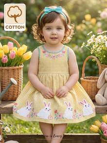Cozy Pixies Baby Girl Floral & Plaid Pattern Cute Rabbit Cartoon Embroidered Round Neck Sleeveless Waist Dress, Sweet & Lovely Countryside Style Suitable For Outings, Vacation, Casual, Party Bunny Dress For Baby Girl Cotton Baby Dress - Yellow - View 11