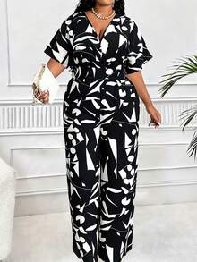 Maweii Bộ jumpsuit ống rộng in họa tiết toàn thân cổ chữ V tay cánh dơi, eo thon, phong cách nghỉ dưỡng thời trang và thanh lịch dành cho nữ cỡ lớn. - Đen và trắng - Xem 6