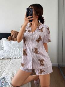 Napfluff Conjunto de pijama de pantalón corto y blusa de manga corta con botones con estampado de oso lindo para mujer - Rosa - Ver 6