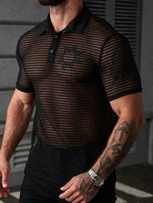 Manfinity Homme 男士黑色夏季條紋短袖 Polo 衫，Techno Rave 復古 Y2K 拉鍊 T 恤，Old Money 休閒百搭通勤日常休閒派對禮物 - 黑色 - 查看 3
