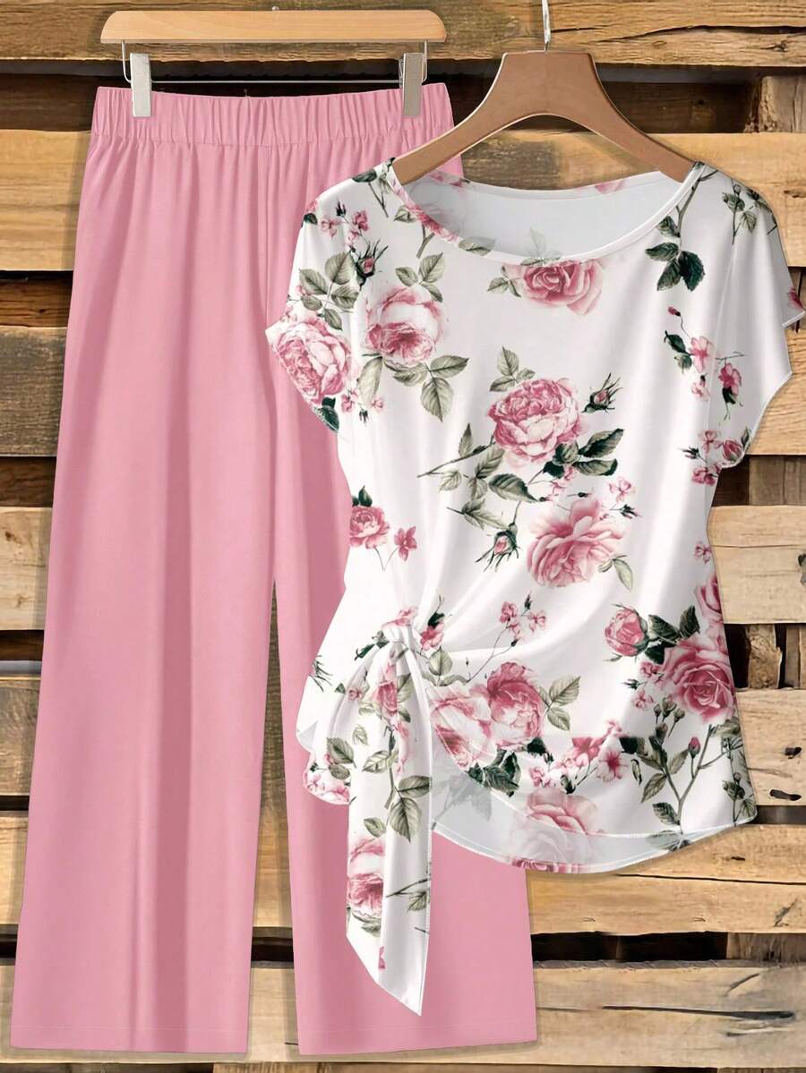 SHEIN Clasi Floral Print Plus Size 2 Pieces Set, Suitable For Vacation Outfit - Multicolor - View 1