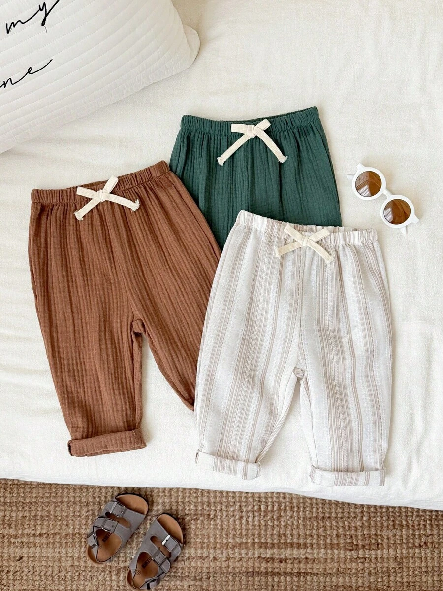 SHEIN 3 piezas Pantalones de crepé a rayas casuales para niño/niña, aptos para verano, primavera, otoño, paquete básico - Multicolor - Ver 1