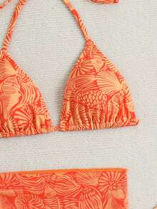 SHEIN Swim Vcay Women's 3-Piece Set: Random Shell Print Sexy V-Neck Halter Top, Matching Triangle Bottoms And Side Tie Skirt Bikini Set - Multicolor - View 4