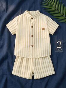 SHEIN Playful Pals 2pack Toddler Boy Beige Summer Casual City Break Outfit Set,Kids Vintage Old Money Vertical Stripe Button Down Shirt & Shorts,Quiet Luxury Beach Wear - Khaki - View 10