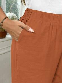 SHEIN LUNE Plus Size Women Cotton Fold-Over Waist Tie Pocket Pants Fall - Khaki - View 3