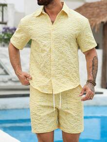 VENTUSAIL Bộ đồ 2 món dành cho nam mùa hè, kiểu dáng thường ngày, chất liệu jacquard, tay ngắn và quần short cạp chun có dây rút. - Màu vàng - Xem 3