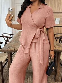 Weeklong Plus Size Casual Tie-Up Wrap Shirt And Pants 2 Pieces Set - Dusty Pink - View 5
