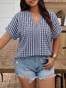 Weeklong Plus Size Women's V-Neck Plaid Patchwork Casual Shirt, Spring/Summer - Navy Blue - View 4