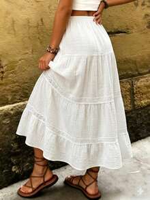 EMERY ROSE Chân váy dài màu trắng, kiểu dáng rộng rãi, thoải mái, thích hợp cho nữ, phù hợp đi làm, đi nghỉ mát, đi biển. Mẫu mới thời trang Xuân/Hè - Thiết kế họa tiết hoa ghép mảnh - Thích hợp cho công sở, du lịch, đi biển. - trắng - Xem 2