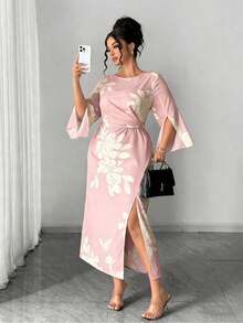 Elenzga 大码女士优雅通勤简约日常约会派对性感宴会开衩袖口修身杏色底黑色印花长裙 - 粉色 - 查看 6