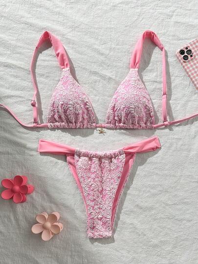 Swim Mod Bộ đồ bơi 2 mảnh, chất liệu vải họa tiết hoa với hình sao biển vàng trang trí, áo ngực tam giác dây dày và quần bikini, thích hợp cho kỳ nghỉ xuân/hè.