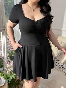 CovetEZ Plus Size Summer Short Sleeve Casual Sweet Black Mini Skirt 2 Pieces Set - Black - View 5
