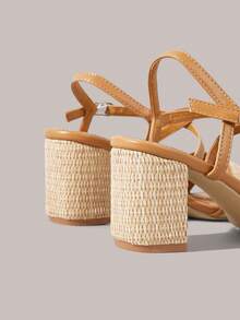 Styleloop Square Toe Thick Heel Beige Woven Fabric Criss-Cross Strap Women's High Heel Sandals, Outdoor Minimalist Breathable Comfortable Boho Chic French Style Music Festival Holiday Vacation Sandals Vacation Outfits Travel Essentials - Light brown - View 6