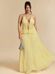 SHEIN BAE Plus Size Brown Summer Boho Beach Holiday 2 Pieces Set, Backless Tie Strap Top Low Waist Skirt, Textured Pleated Suit, Festival Outfits For Women, Y2k - Yellow - View 1