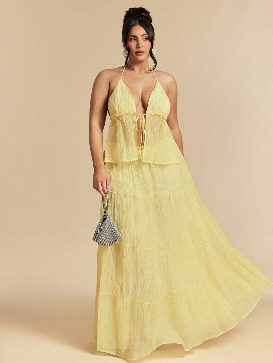 SHEIN BAE Plus Size Brown Summer Boho Beach Holiday 2 Pieces Set, Backless Tie Strap Top Low Waist Skirt, Textured Pleated Suit, Festival Outfits For Women, Y2k - Yellow - View 1