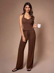 Lazeform Women's Casual Keyhole Neck Halter Backless Top And Straight Leg Pants Two Pieces Loungewear Set - Coffee Brown - View 4