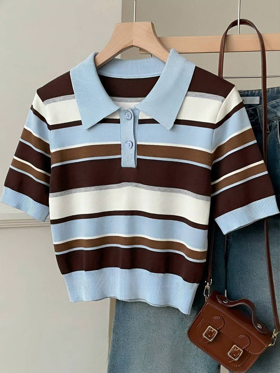 SHEIN EZwear Áo nữ dệt kim kẻ sọc cổ polo tay ngắn, phong cách sinh viên độc đáo, phù hợp cho các bữa tiệc, sân bay, dạo phố, phong cách tối giản cổ điển thanh lịch, mùa xuân/hè. - Nhiều màu - Xem 1