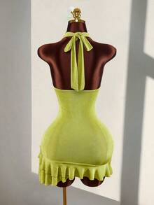 Amplova Women's Sexy Ruffled Hem Backless Halter Mini Dress, Vacation - Green - View 2