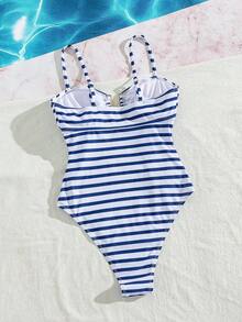 Swim Lushoire Áo tắm liền thân cổ chữ U kẻ sọc mới dành cho nữ - Xanh và trắng - Xem 6