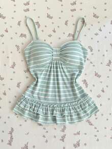 Elamini Women's Pink Striped Sweet Ruched Bust Fitted Camisole For Summer - Mint Blue - View 5