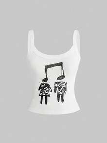 ROMWE Camiseta ajustada con gráfico de nota musical linda y minimalista - Blanco - Ver 5