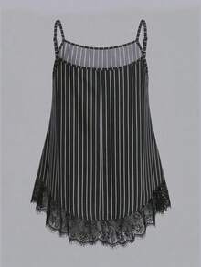 SHEIN EZwear 大码女装两件套，黑白条纹，黑白波点撞色蕾丝吊带背心套装，蕾丝吊带背心，优雅上衣，吊带背心，女士无袖上衣，大码吊带背心，女士细肩带上衣，女士吊带背心，夏季女装上衣 - 黑與白 - 查看 4