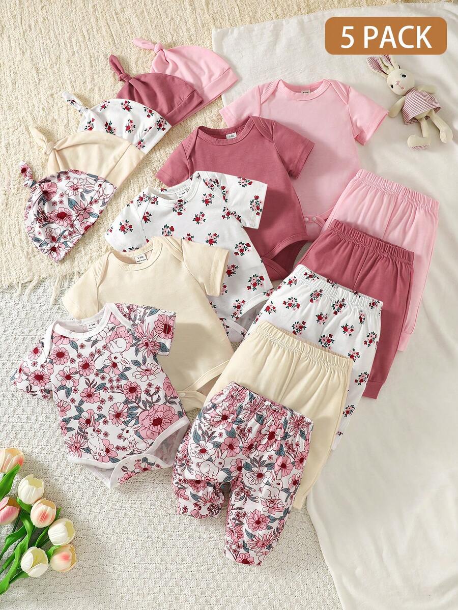 SHEIN 5件套新生儿男女通用可爱套装,短袖连体衣+裤子+帽子,夏季 - 粉色 - 查看 1