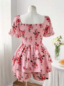 Sweetra Plus Size Women Casual Vacation Sweet Floral Print Pink Double Ruffle Jumpsuit - Pink - View 2