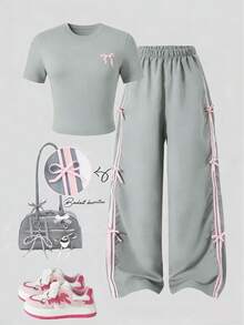 SHEIN 2pcs/Set Setelan Remaja Lengan Pendek & Celana Panjang, Dekorasi Pita Kupu-kupu, Warna Pink, Cocok Untuk Musim Semi/Panas, Olahraga & Pakaian Kasual - Grey - View 6