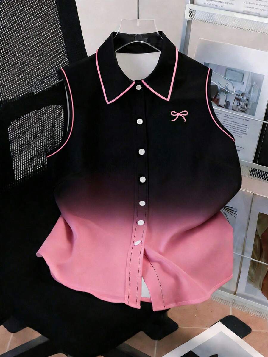 SHEIN 女士无袖衬衫,夏季新款,渐变色,蝴蝶结印花,适合约会、摄影、街头风格 - 白色 - 查看 1