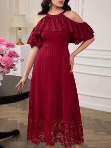 Modelyn Robe mi-longue élégante et jeune pour femmes, avec épaules dénudées, volants, broderie et patchwork, de couleur jaune - Rouge foncé - Voir 7