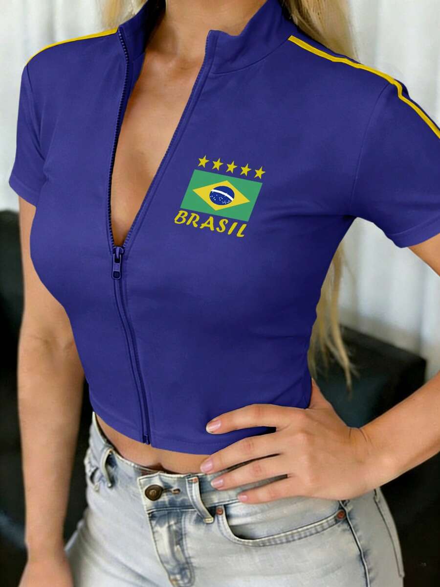 Rovax Áo croptop tay ngắn có khóa kéo in họa tiết Brazil dành cho nữ - Xanh đậm - Xem 1