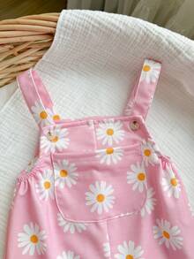 Newborn Baby Girl Cute Versatile Pink Floral Pattern Bib Overalls, Autumn/Winter - Pink - View 5