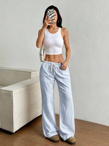SHEIN Tall 黄色条纹棉质低腰抽绳系带斜插口袋直筒宽松阔腿裤，适合高个女性，可用于度假、海滩、通勤、休闲、简约、百搭的日常穿着。 - 藍色 - 查看 5