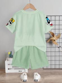 2pcs/Set Kaos Lengan Pendek dan Celana Pendek Kasual Minimalis Motif Kelinci Kartun untuk Anak Laki-Laki, Cocok untuk Musim Panas - MultiWarna - View 4