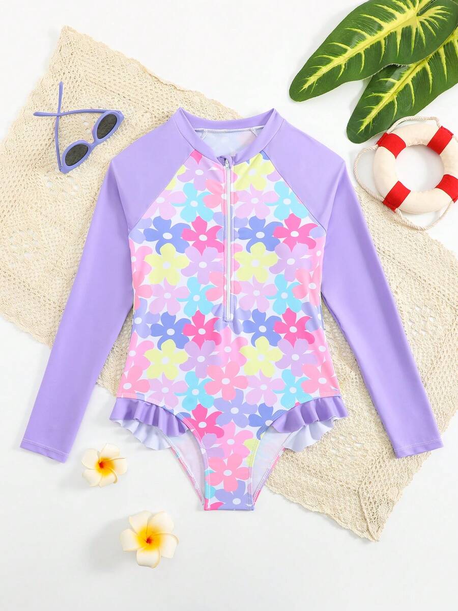 SHEIN Traje de baño de una pieza con volantes y estampado floral elegante para niñas, con cierre delantero, adecuado para playa, resort, primavera/verano/otoño - Morado - Ver 1