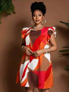 Maweii 色彩缤纷的A字圆领喇叭袖休闲优雅印花时尚宽松连衣裙，适合通勤、日常穿着、度假，尺码齐全，适合春夏穿着。 - 彩色 - 查看 3