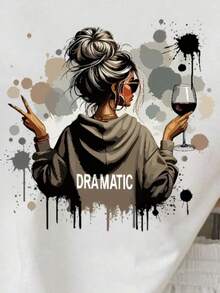 Resyla 2pcs "Dramatic" Sarcastic Slogan Funny Print Women's Casual Outfit, Suitable For Everyday Wear - White - View 4
