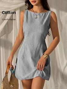SHEIN EZwear 女士条纹编织系带时尚连衣裙，适合海滩度假 - 黑色 - 查看 5