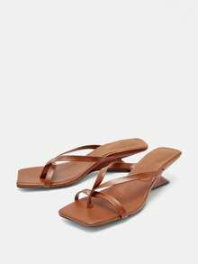 Women's Square Toe High Heel Flip Flops, Brown Casual Summer Slippers - Brown - View 3