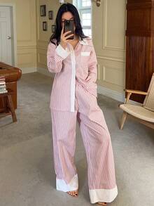 DAZY 2pcs Contrast Color Striped Fabric Shirt Style Women's Pajama Set, Spring - Pink - View 7