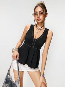 女士V领撞色滚边荷叶边休闲背心 - 黑色 - 查看 3