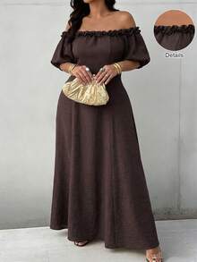 Weeklong Plus Size Casual Solid Color Asymmetric-Shoulder Dress With 3D Floral Decor Day - Coffee Brown - View 7