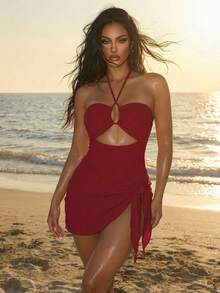 SHEIN Swim 2pcs/Set 2025 Women Summer Vacation Solid Color Cross Hollow Halter Sexy One-Piece Swimsuit With Coverup And Skirt - Burgundy - View 3