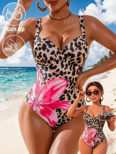 Swim DD+ 1件DD+女士连体泳衣，春季假日印花豹纹图案，钢圈罩杯提拉支撑，加宽肩带，波西米亚风格，春夏款，适合度假和海滩穿着
