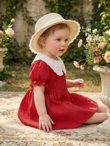 SHEIN Baby Girls' Ruffle Collar Puff Sleeve A-Line Dress Red And White Summer Cute Elegant Birthday Party Gown With Side Pleats Infant Fashion Photo Shoot - Red - View 9