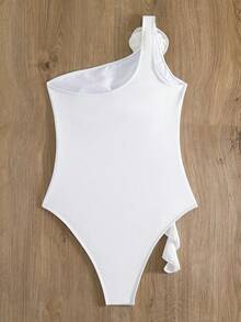 SHEIN X Lily May Mac Summer Beach Ruffle Trim Ruched One Shoulder One Piece Swimsuit - White - View 7