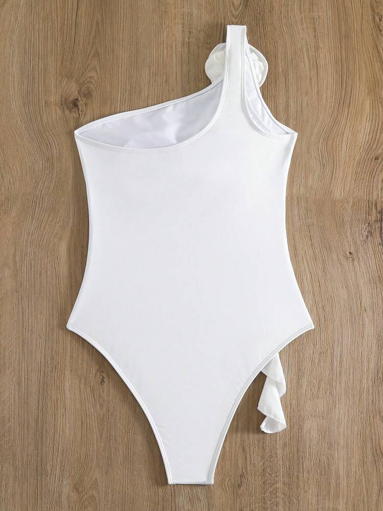 SHEIN X Lily May Mac Summer Beach Ruffle Trim Ruched One Shoulder One Piece Swimsuit - White - View 7